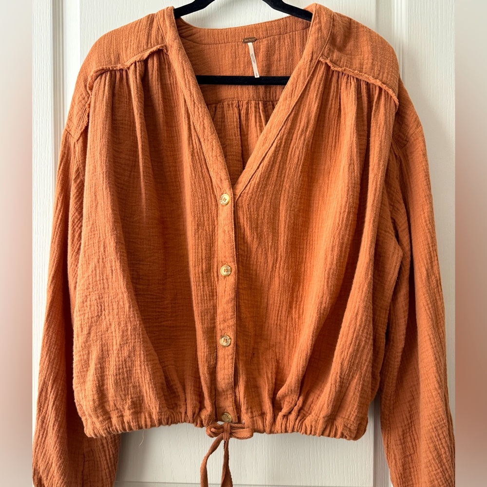 Free People Gauze Button down oversized  w/ Cinch tie  at waist Blouse